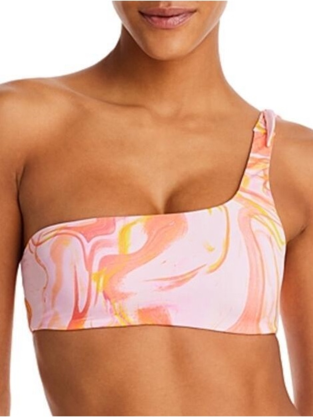 NWT SIZE L Aqua Pink and Coral Swirl One-Shoulder Bikini Top